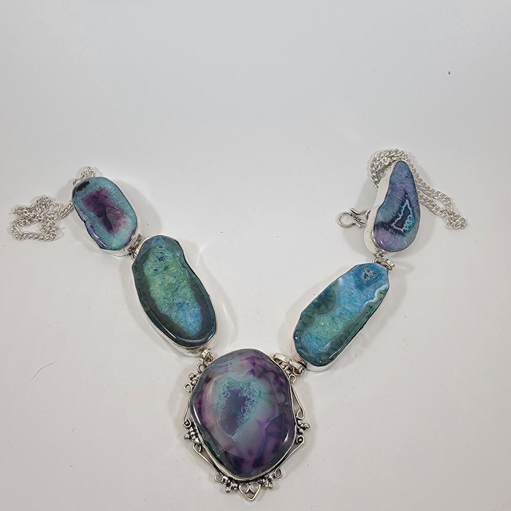 Handmade Agate Necklace in Sterling Silver Multi-Color Geode Gemstone Jewelry